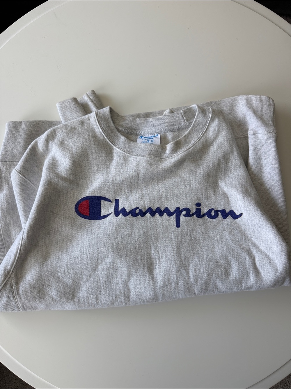 Champion Kids Light Gray Crewneck Sweatshirt with Blue Logo and Red Accent